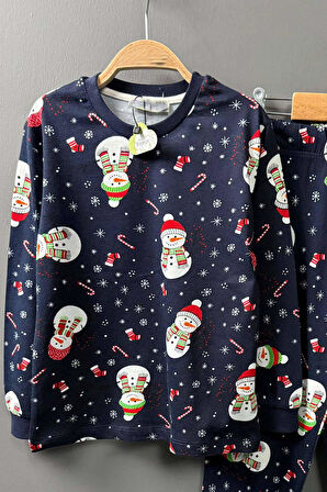 Erkek Çocuk Üzeri Kardan Adam ve Noel Baskılı Lacivert Pijama Takımı