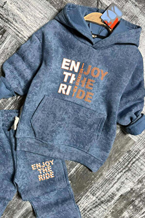 Erkek Çocuk Enjoy The Kalıp Baskılı Kapşonlu Sweatshirt Mavi Eşofman Takım