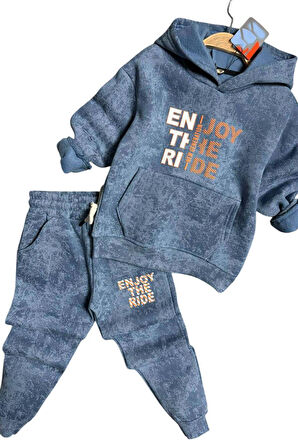 Erkek Çocuk Enjoy The Kalıp Baskılı Kapşonlu Sweatshirt Mavi Eşofman Takım