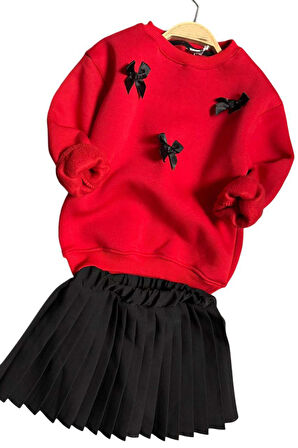 Kız Çocuk Kurdela Detaylı 3 İplik Kazak Pileli Siyah Etekli Takım