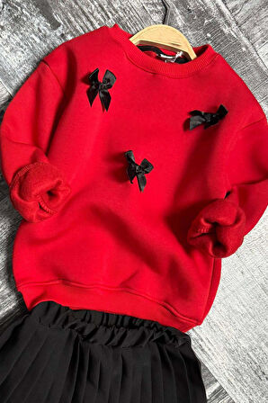 Kız Çocuk Kurdela Detaylı 3 İplik Kazak Pileli Siyah Etekli Takım