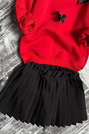 Kız Çocuk Kurdela Detaylı 3 İplik Kazak Pileli Siyah Etekli Takım