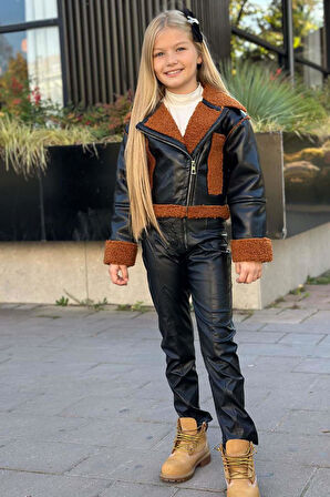 Kız Çocuk Kolları ve Yakası Peluş Detaylı Siyah Ceket Dik Yaka Kazak Deri Alt Üst Takım