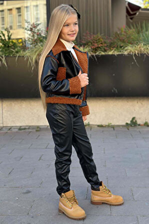 Kız Çocuk Kolları ve Yakası Peluş Detaylı Siyah Ceket Dik Yaka Kazak Deri Alt Üst Takım