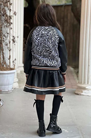 Kız Çocuk V Cool Yazı Baskılı Sweatshirt Zebra ve Gold Şerit Detaylı Deri Ceketli Etekli Takım