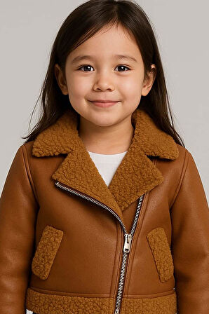 Kız Çocuk Kolları ve Yakası Peluş Detaylı Kahverengi Ceket Dik Yaka Kazak Deri Alt Üst Takım