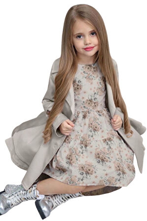 Kız Çocuk Çiçek Desenli Piliseli Duman Gri Trençkotlu Elbise
