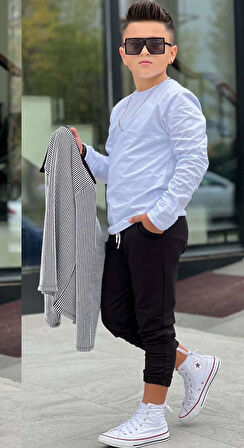 Erkek Çocuk Su Yolu Çizgili Ceket Penye Kazak 2 İplik Pantolon Siyah Alt Üst Takım