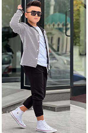 Erkek Çocuk Su Yolu Çizgili Ceket Penye Kazak 2 İplik Pantolon Siyah Alt Üst Takım