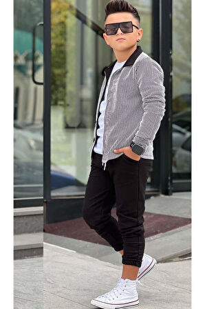 Erkek Çocuk Su Yolu Çizgili Ceket Penye Kazak 2 İplik Pantolon Siyah Alt Üst Takım
