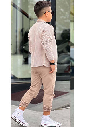 Erkek Çocuk Su Yolu Çizgili Ceket Penye Kazak 2 İplik Pantolon Krem Alt Üst Takım