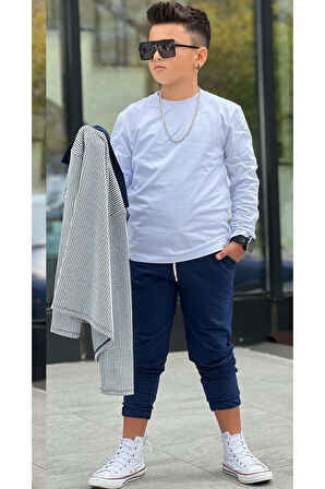 Erkek Çocuk Su Yolu Çizgili Ceket Penye Kazak 2 İplik Pantolon Lacivert Alt Üst Takım