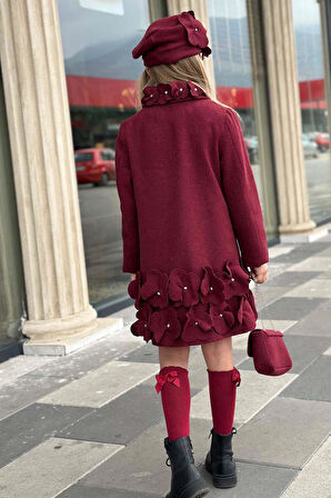 Kız Çocuk Yakası Taş ve Yonca Detaylı Çıtçıt Düğmeli Bordo Kaşe