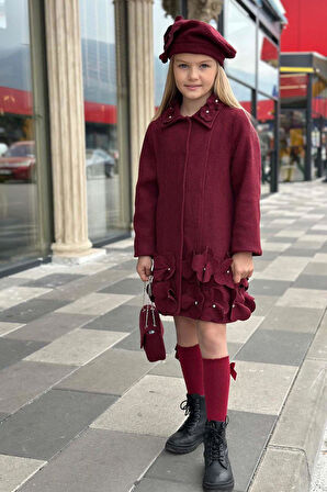 Kız Çocuk Yakası Taş ve Yonca Detaylı Çıtçıt Düğmeli Bordo Kaşe