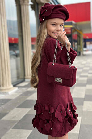 Kız Çocuk Yakası Taş ve Yonca Detaylı Çıtçıt Düğmeli Bordo Kaşe