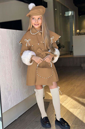 Kız Çocuk Boydan Yakası İnci Taş İşlemeli Şal Detaylı Kemerli Bej Kaşe