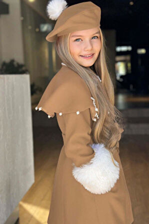 Kız Çocuk Boydan Yakası İnci Taş İşlemeli Şal Detaylı Kemerli Bej Kaşe