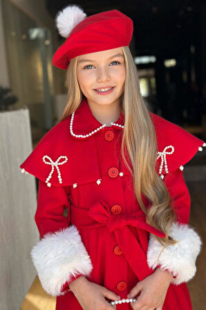 Kız Çocuk Boydan Yakası İnci Taş İşlemeli Şal Detaylı Kemerli Kırmızı Kaşe