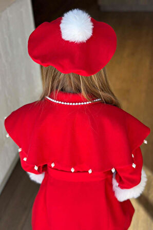 Kız Çocuk Boydan Yakası İnci Taş İşlemeli Şal Detaylı Kemerli Kırmızı Kaşe