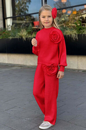 Kız Çocuk Balıkçı Yaka Omuzunda Gül Broşlu Kazak Bol Kesim Kırmızı Triko Alt Üst Takım