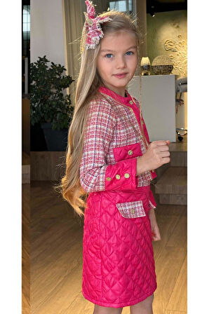 Kız Çocuk Kapitone ve Altın Şerit Detaylı Şanel Fuşya Etekli Takım