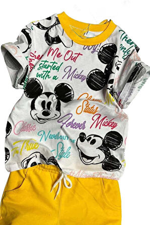 Erkek Çocuk Renkli Yazılar ve Karakter Baskılı Sarı Şortlu Takım