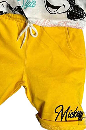 Erkek Çocuk Renkli Yazılar ve Karakter Baskılı Sarı Şortlu Takım