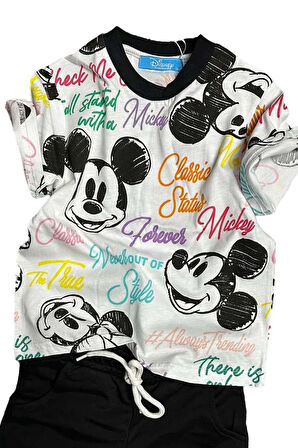 Erkek Çocuk Renkli Yazılar ve Karakter Baskılı Siyah Şortlu Takım