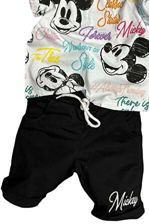 Erkek Çocuk Renkli Yazılar ve Karakter Baskılı Siyah Şortlu Takım