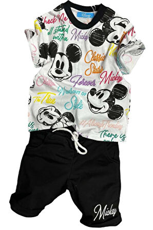 Erkek Çocuk Renkli Yazılar ve Karakter Baskılı Siyah Şortlu Takım