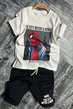 Erkek Çocuk Örümcek Ağı ve Digital Yazı Baskılı T-shirt İp Detaylı Siyah Şortlu Takım