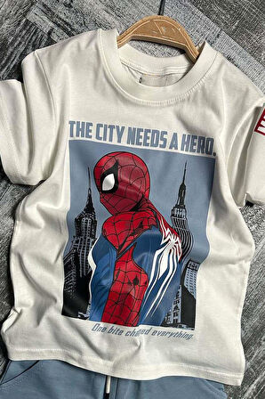 Erkek Çocuk Örümcek Ağı ve Digital Yazı Baskılı T-shirt İp Detaylı Mavi Şortlu Takım