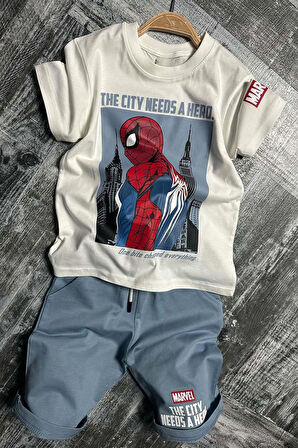 Erkek Çocuk Örümcek Ağı ve Digital Yazı Baskılı T-shirt İp Detaylı Mavi Şortlu Takım