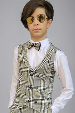 Erkek Çocuk Kare Desen ve Şal Yaka Yelekli Yeşil Takım Elbise