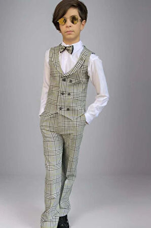 Erkek Çocuk Kare Desen ve Şal Yaka Yelekli Yeşil Takım Elbise
