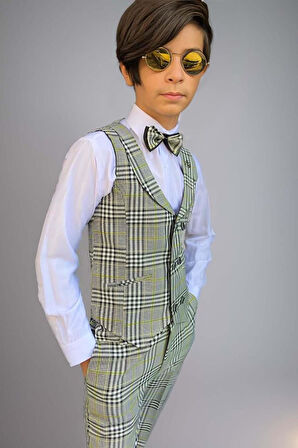 Erkek Çocuk Kare Desen ve Şal Yaka Yelekli Yeşil Takım Elbise