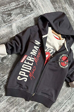 Erkek Çocuk Digital Ağ ve Yazı Baskılı Kapüşonlu Siyah Ceket Eşofman Takım