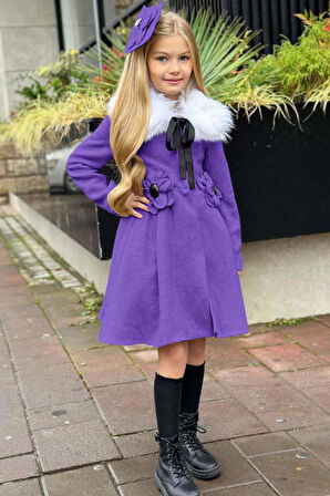 Kız Çocuk Kürk Yakalı Önü Çiçek Ve Elmas Taş Detaylı Mor Kaşe