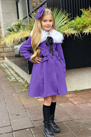 Kız Çocuk Kürk Yakalı Önü Çiçek Ve Elmas Taş Detaylı Mor Kaşe