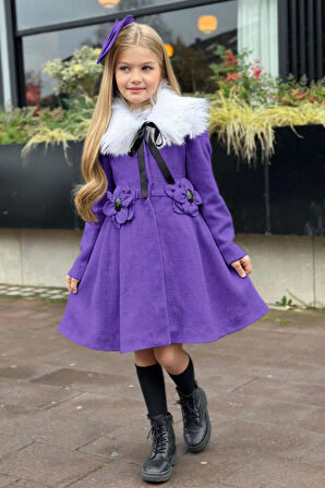 Kız Çocuk Kürk Yakalı Önü Çiçek Ve Elmas Taş Detaylı Mor Kaşe