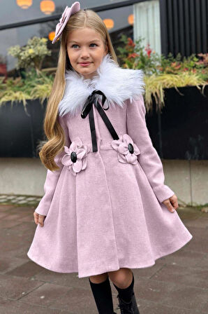Kız Çocuk Kürk Yakalı Önü Çiçek Ve Elmas Taş Detaylı Pudra Kaşe
