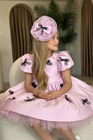 Kız Çocuk Balon Kollu Üzeri Kurdela Detaylı İçi Astarlı Saten Pudra Abiye