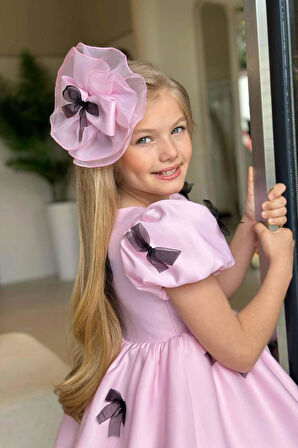 Kız Çocuk Balon Kollu Üzeri Kurdela Detaylı İçi Astarlı Saten Pudra Abiye