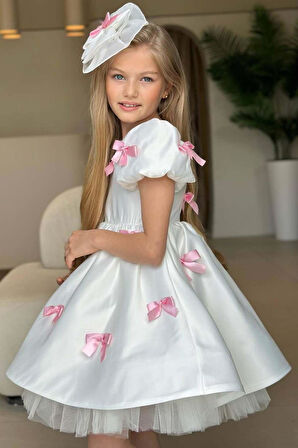 Kız Çocuk Balon Kollu Üzeri Pembe Kurdela Detaylı İçi Astarlı Saten Abiye