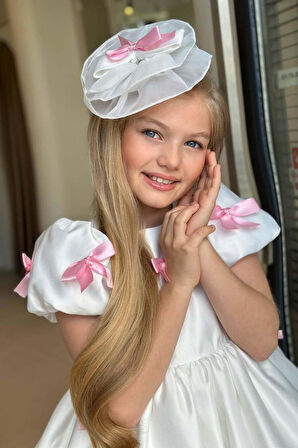 Kız Çocuk Balon Kollu Üzeri Pembe Kurdela Detaylı İçi Astarlı Saten Abiye