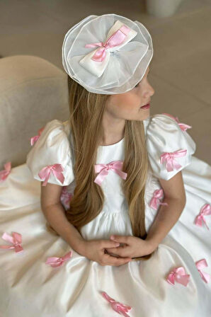 Kız Çocuk Balon Kollu Üzeri Pembe Kurdela Detaylı İçi Astarlı Saten Abiye