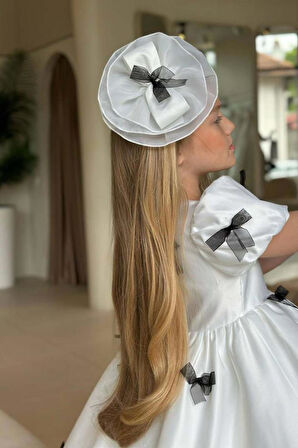 Kız Çocuk Balon Kollu Üzeri Siyah Kurdela Detaylı İçi Astarlı Saten Abiye