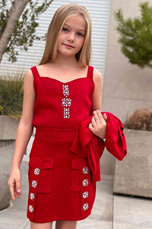 Kız Çocuk Askılı Bluz Hırka ve Elmas Taş İşlemeli Cepli Bordo Triko Etekli Takım