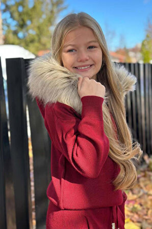 Kız Çocuk Yakası Çıkarılabilir Kürklü Kazak Çift Cepli Triko Bordo Alt Üst Takım