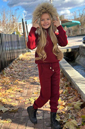 Kız Çocuk Yakası Çıkarılabilir Kürklü Kazak Çift Cepli Triko Bordo Alt Üst Takım